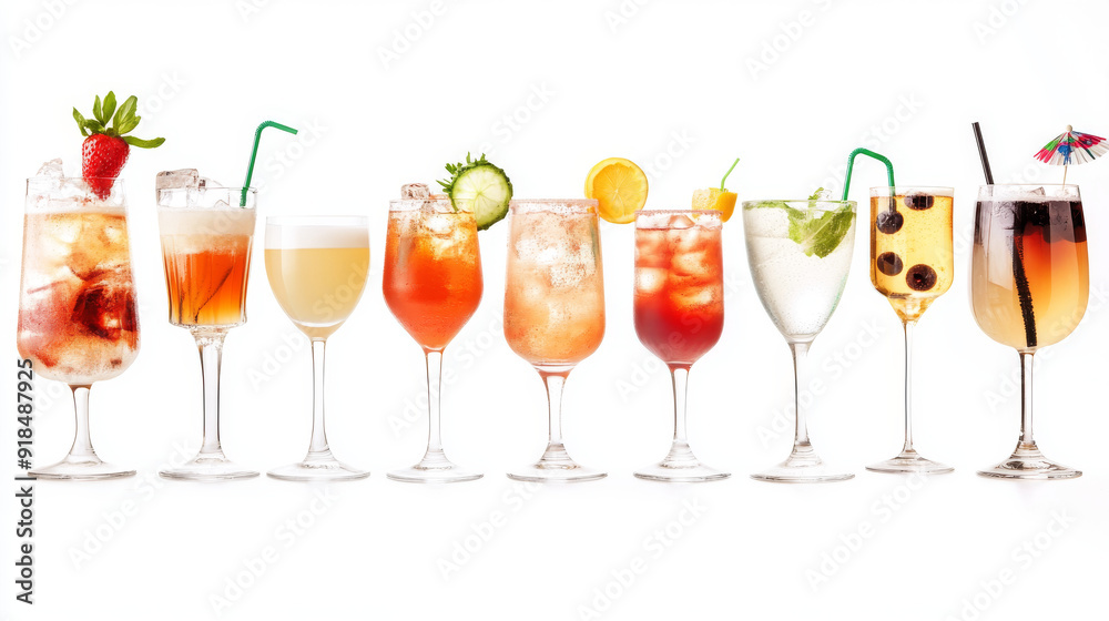 Assorted alcohol and mocktail cocktails, displayed in a variety of types and isolated on a white background with cutout images. Assorted alcohol and mocktail cocktails, displayed in a variety of types and isolated on a white background with cutout images.