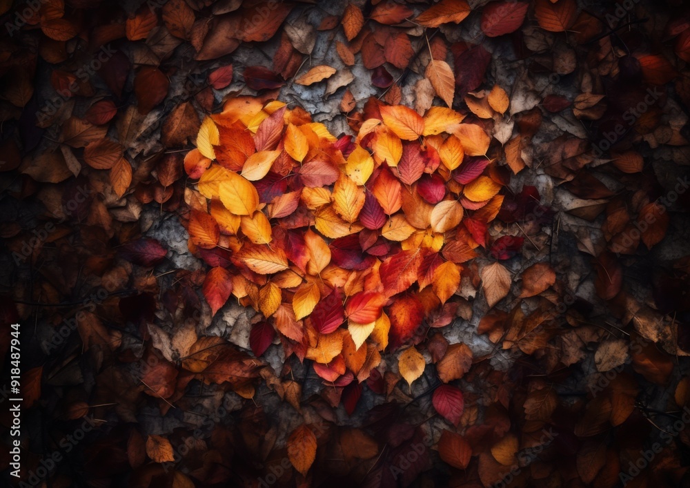 Autumn leaves arranged in a perfect heart shape on the forest floor, surrounded by a mix of colorful fallen leaves, romantic and artistic Autumn leaves arranged in a perfect heart shape on the forest floor, surrounded by a mix of colorful fallen leaves, romantic and artistic