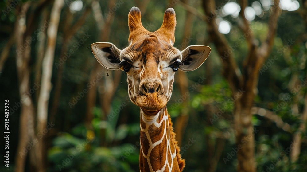 Obraz premium A close-up of a giraffe's face with trees in the foreground