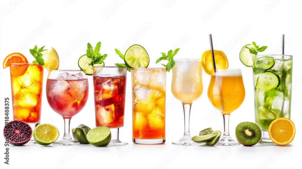 Assorted alcohol and mocktail cocktails, displayed in a variety of types and isolated on a white background with cutout images. Assorted alcohol and mocktail cocktails, displayed in a variety of types and isolated on a white background with cutout images.