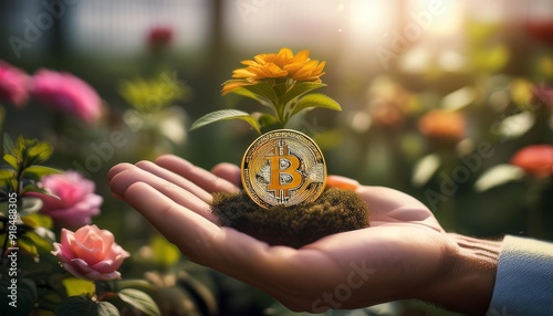 hand holding a flower representing bitcoin , wealth growing