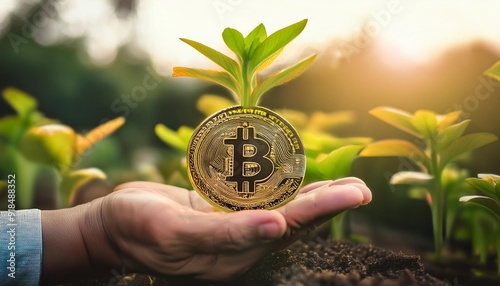 hand holding a plant, holding a bitcoin