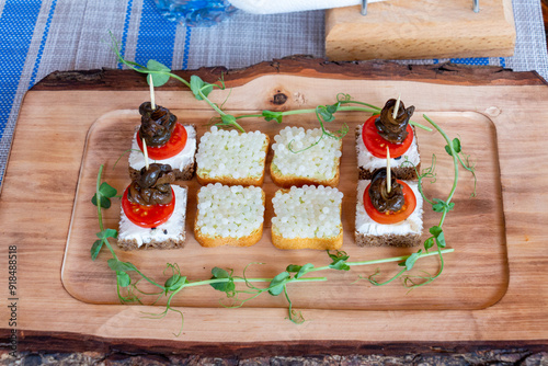 Wooden handmade plate with snail caviar sandwiches garnished with microgreens. Set of baked snails and the snail caviar with bread. Gourmet food, close-up top view photo