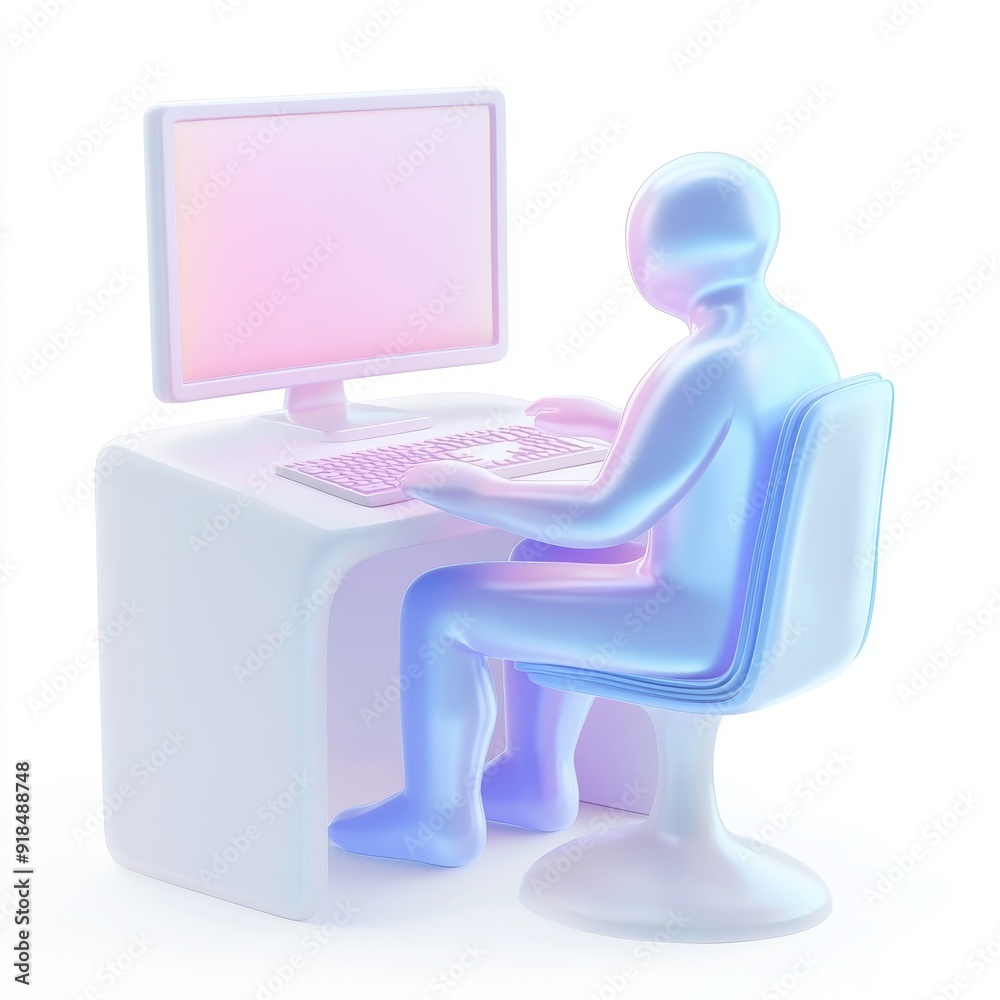 3D illustration of a holographic figure working on a computer in a futuristic digital workspace, sitting in a modern ergonomic chair 3D illustration of a holographic figure working on a computer in a futuristic digital workspace, sitting in a modern ergonomic chair