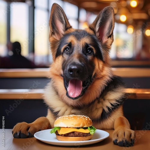 german shepherd dog eating a cheesbeurger in restaurant