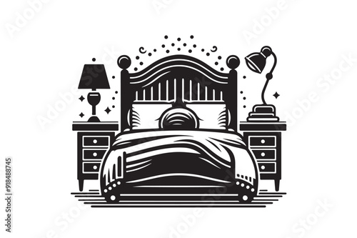a black and white illustration of a bed with a lamp.