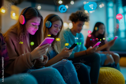 Group of teenagers with headphones and smartphones in a technology-themed environment.