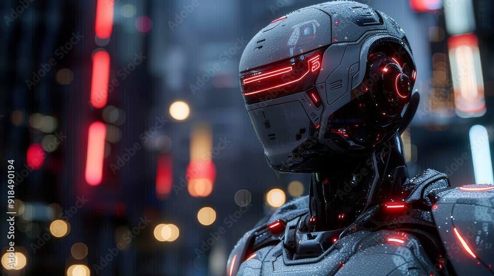 Dark futuristic robot in a cyberpunk city at night Dark futuristic robot in a cyberpunk city at night
