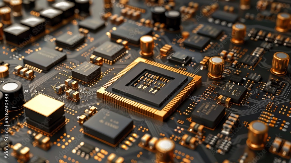 Close-up of a computer chip with intricate circuits and gold elements showcasing advanced microtechnology Close-up of a computer chip with intricate circuits and gold elements showcasing advanced microtechnology
