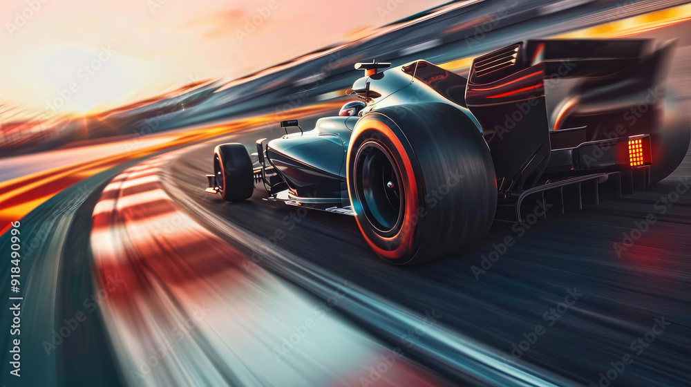 Fototapeta premium A lowangle shot of a racing car with a motionblurred track, capturing the intensity and speed