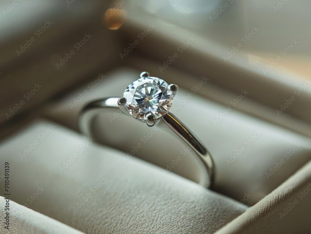 A diamond ring displayed in an elegant jewelry box, with a soft focus background A diamond ring displayed in an elegant jewelry box, with a soft focus background