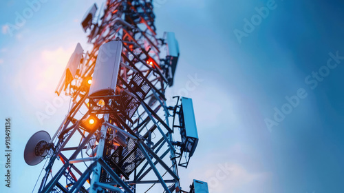 A closeup of the antenna tower s intricate structure, with a blurred sky background for copy space photo
