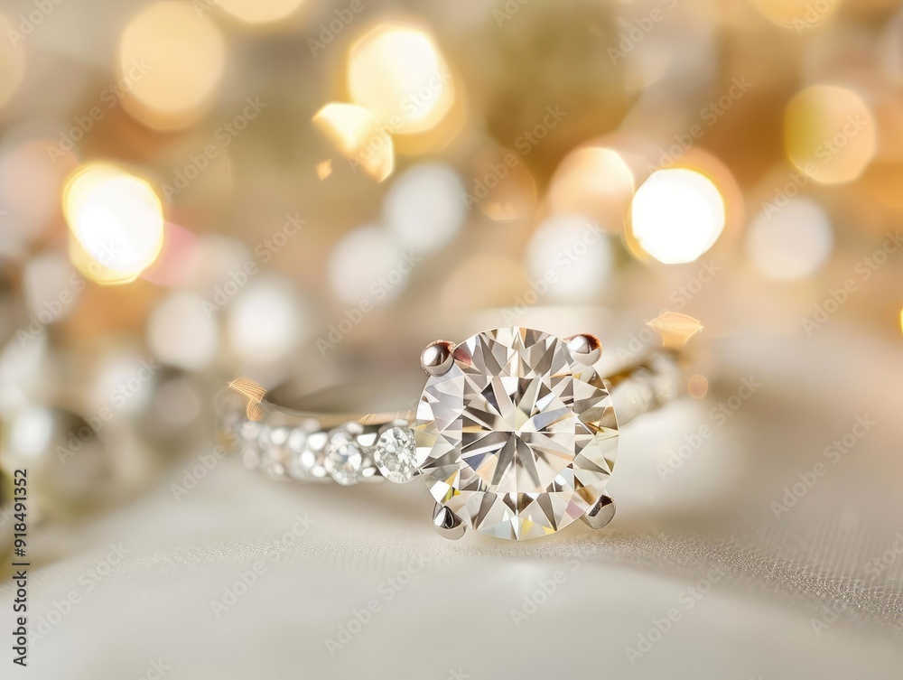 Fototapeta premium A diamond ring with a blurred background of wedding decorations, hinting at an engagement or wedding