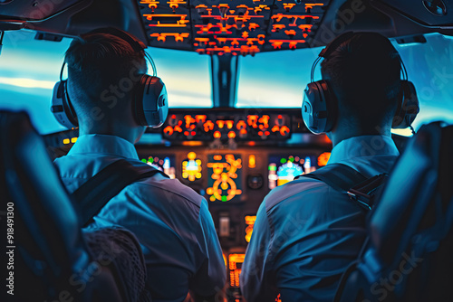 Airplane cabin with pilots piloting a passenger airliner