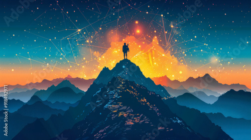 Visionary Leader on Mountain Peak with Cosmic Sky in Inspirational Art photo