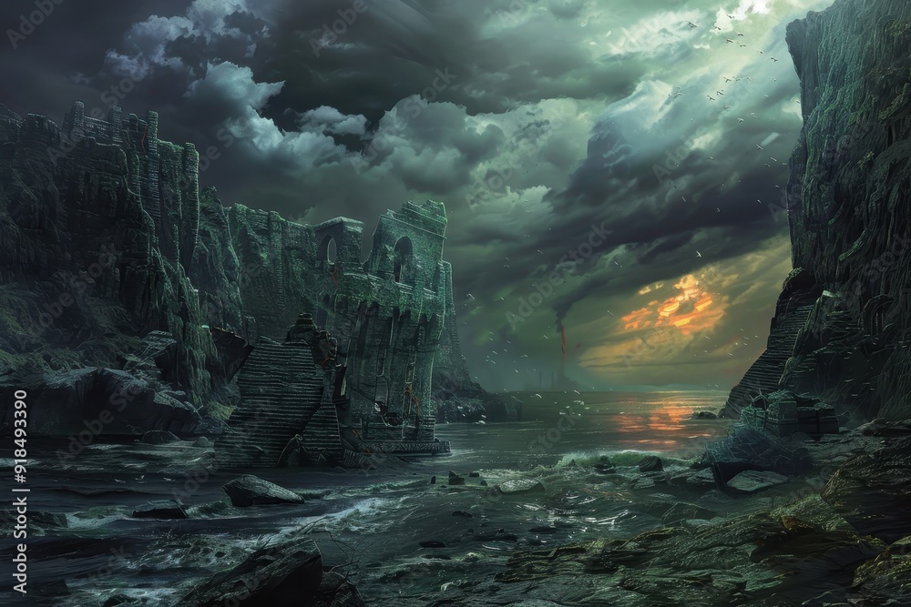 Fototapeta premium Ancient castle ruins stand tall amidst stormy sea waves crashing against rocky cliffs