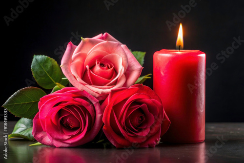 Burning Red Candle with Pink Roses and a Single Red Rose on Black Background