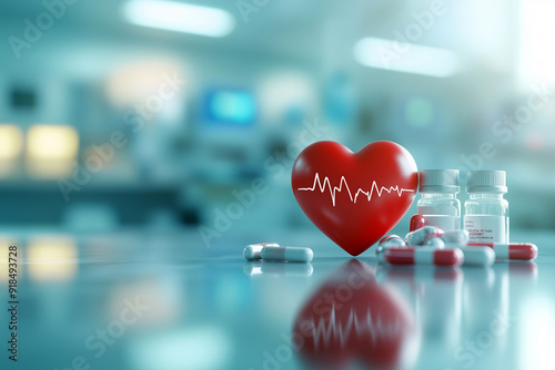 Heart Health Concept with Pills and Heartbeat Symbol in Medical Setting photo