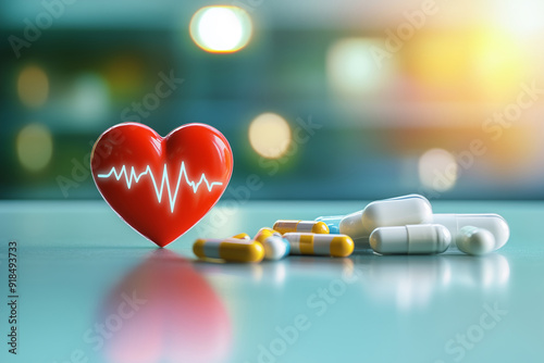 Heart Health Concept with Red Heart and Medication, Symbolizing Cardiovascular Care photo