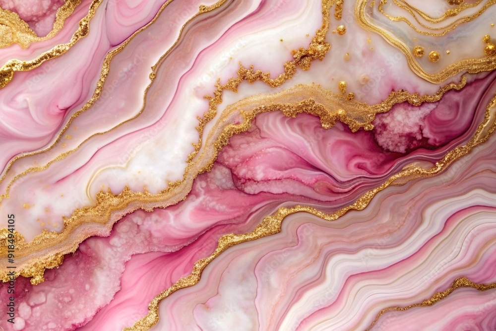 Obraz premium Elegant pink marble texture with flowing gold veins and intricate patterns, evoking a sense of luxury and feminine sophistication