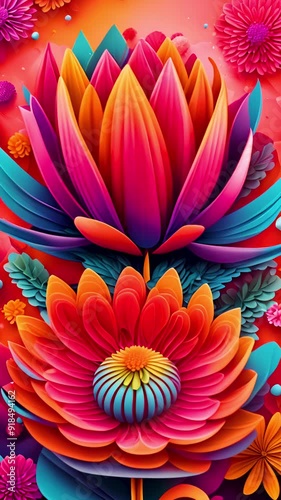 Bright colorful abstract trendy flowers background with zooming effect in psychedelic style pattern. Vrtical. photo