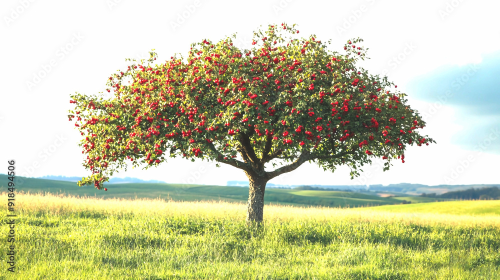 Single big hawthorn tree with dense clusters of berries