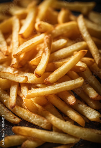 Golden French fries potatoes with salt on a black background