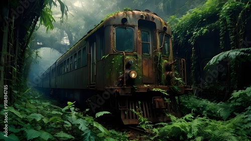 a train is in the woods with a forest background.