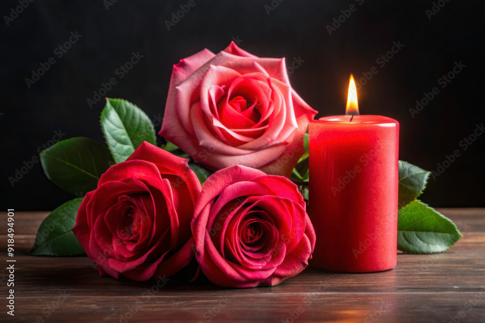 Burning Red Candle with Pink Roses and a Single Red Rose on Black Background Burning Red Candle with Pink Roses and a Single Red Rose on Black Background