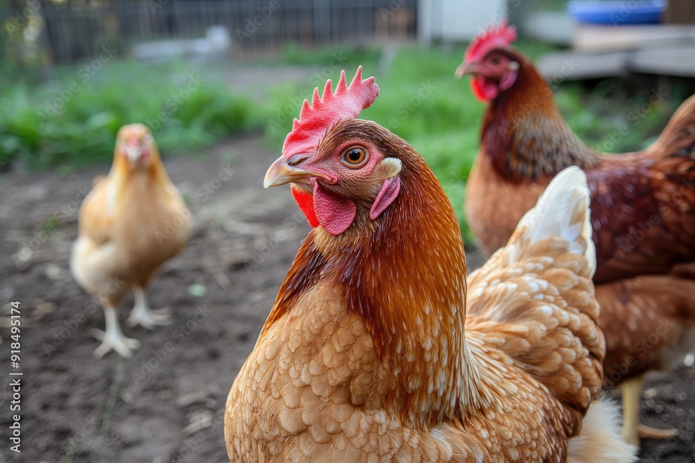 Fototapeta premium brown chicken and two other chickens are in an outdoor yard