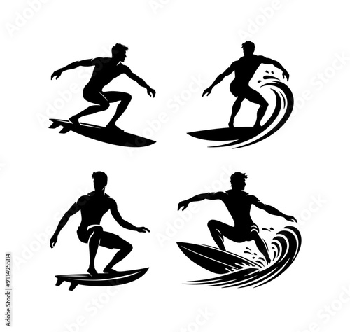 Set of black male surfers silhouettes surfboarding