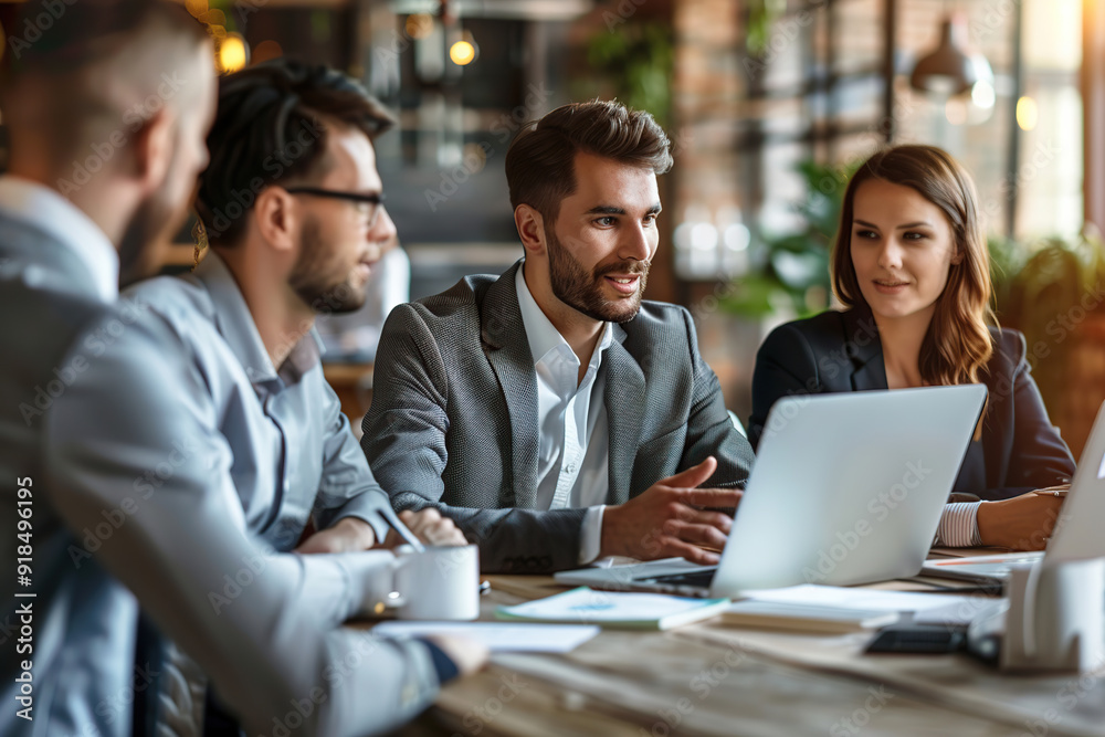 Diverse businesspeople sitting at office desk discussing business project together Diverse businesspeople sitting at office desk discussing business project together