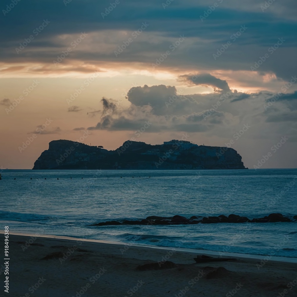 view of a far away island in the evening view of a far away island in the evening