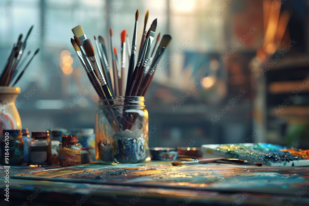 Used paintbrushes in a glass jar on blurred classroom background Used paintbrushes in a glass jar on blurred classroom background