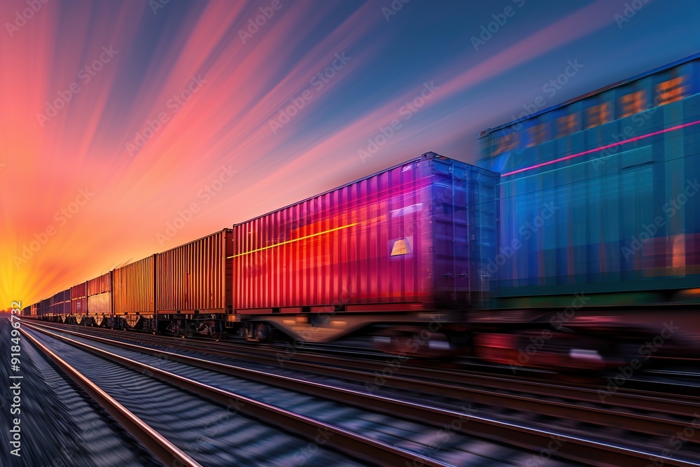 Obraz premium Freight train in motion with containers