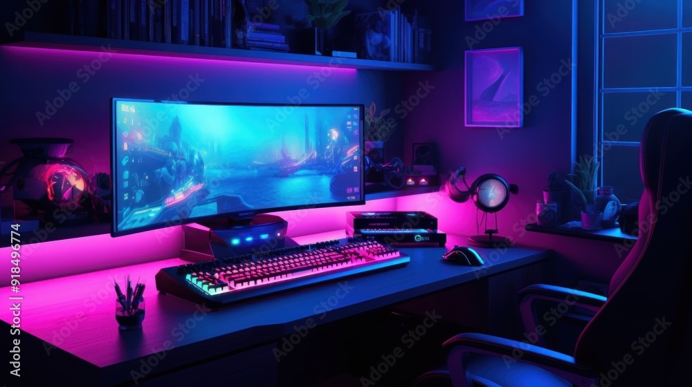 Fototapeta premium Gaming Setup with Neon Lights