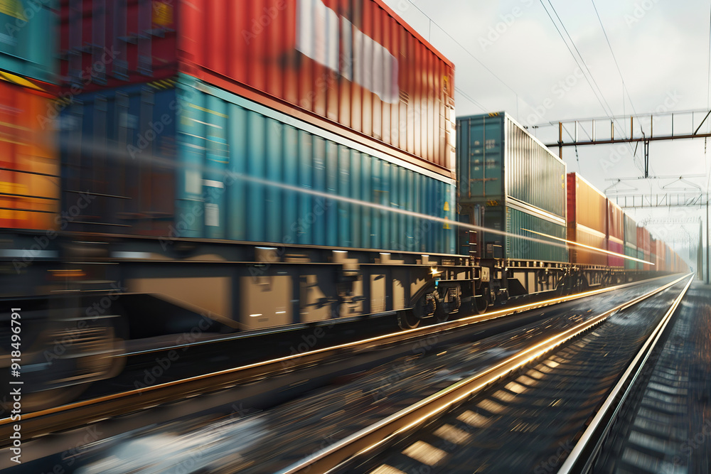 Fototapeta premium Freight train in motion with containers