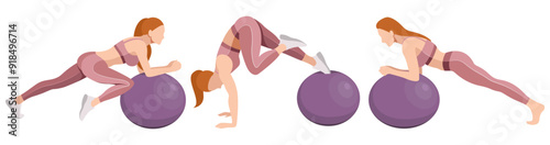 vector illustration of a beautiful slim girl in sportswear (leggings and a sports bra) doing fitness, sports, working out, doing exercises with a fitness ball isolated on a white background.