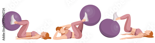 vector illustration of a beautiful slim girl in sportswear (leggings and a sports bra) doing fitness, sports, working out, doing exercises with a fitness ball isolated on a white background.