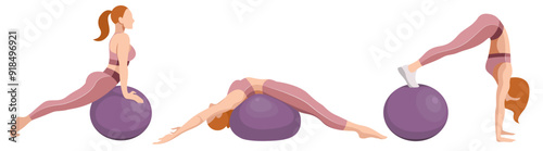 vector illustration of a beautiful slim girl in sportswear (leggings and a sports bra) doing fitness, sports, working out, doing exercises with a fitness ball isolated on a white background.