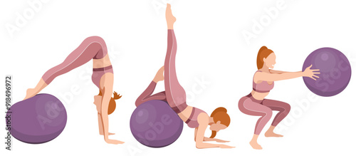 vector illustration of a beautiful slim girl in sportswear (leggings and a sports bra) doing fitness, sports, working out, doing exercises with a fitness ball isolated on a white background.