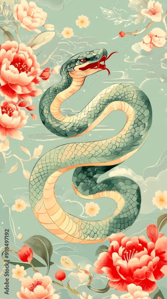 Fototapeta premium Ethereal Serpent of the Chinese Zodiac: A Stylized Illustration of the Snake Encircled with Geometric Florals on a Verdant Background