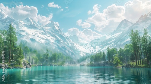  A stunning painting of a mountain range with a serene lake in the foreground and lush trees on the opposite side of the mountains