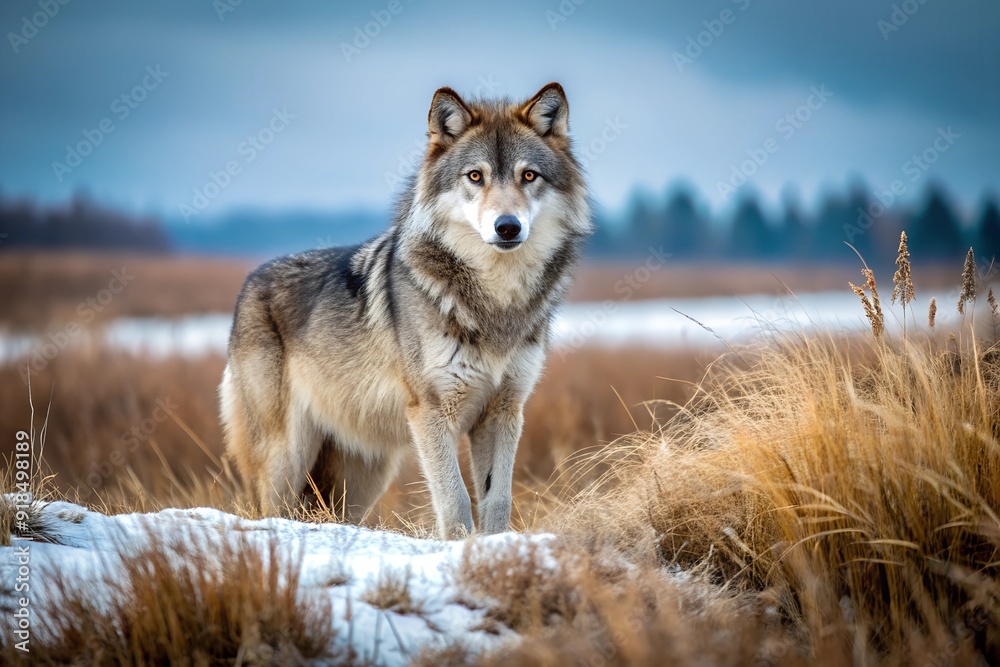 A wolf in the winter near the river in thickets of dry grass A wolf in the winter near the river in thickets of dry grass