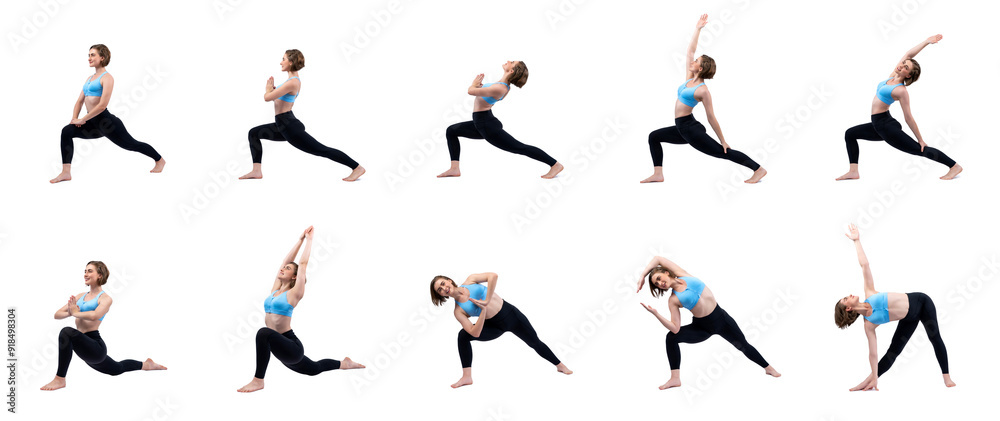 Healthy and active young woman in sportswear with different professional fitness posture set of yoga training session. Meditation yoga exercise on isolated background in gaiety full body length shot. Healthy and active young woman in sportswear with different professional fitness posture set of yoga training session. Meditation yoga exercise on isolated background in gaiety full body length shot.