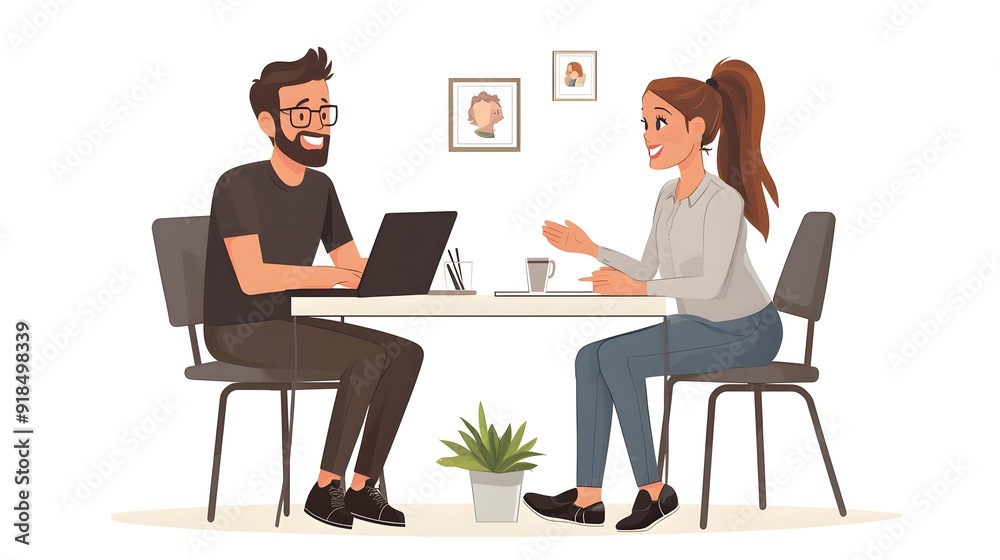 A young man and woman sitting at a table in an office, vector illustration with a white background, a laptop on the desk A young man and woman sitting at a table in an office, vector illustration with a white background, a laptop on the desk