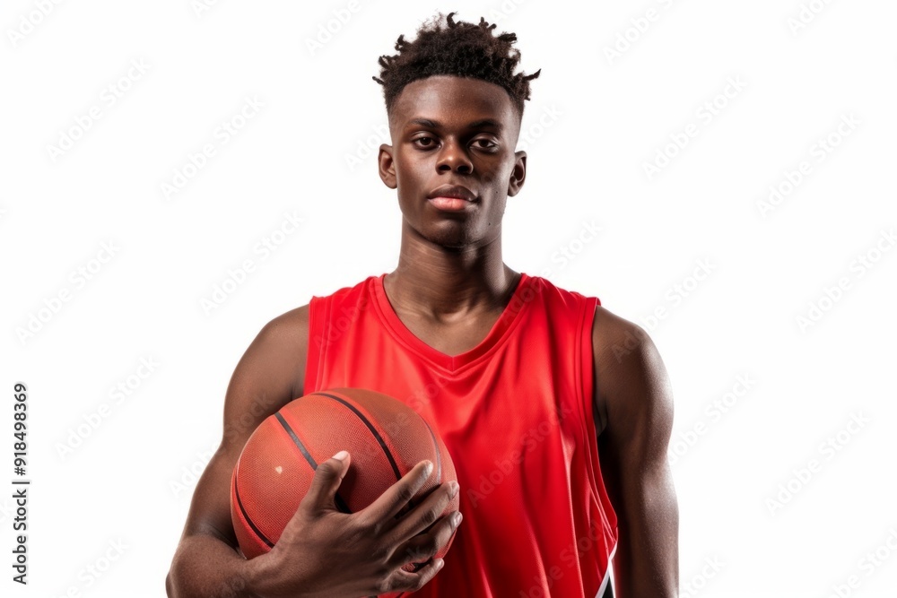 Young athlete holding a basketball in red sportswear. Powerful arms show strength and focus. Athletic posing for professional sports themed photo shoot. Studio lighting, white background. AI Young athlete holding a basketball in red sportswear. Powerful arms show strength and focus. Athletic posing for professional sports themed photo shoot. Studio lighting, white background. AI