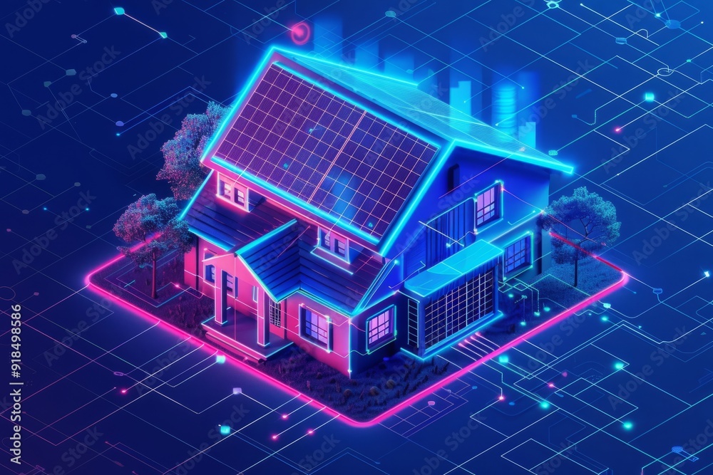 Futuristic smart home with solar panels and digital technology. Conceptual image in neon style, visualizing modern innovations. Ideal for stock photos on technology and sustainable living. AI Futuristic smart home with solar panels and digital technology. Conceptual image in neon style, visualizing modern innovations. Ideal for stock photos on technology and sustainable living. AI