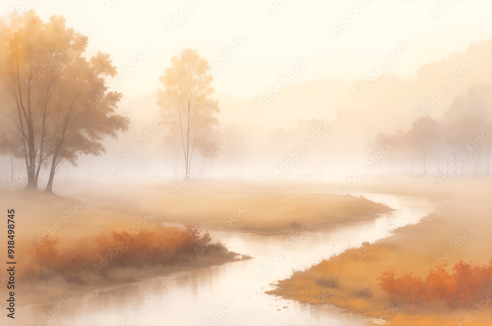 Autumn landscape with trees on the river bank in the morning thick fog Autumn landscape with trees on the river bank in the morning thick fog