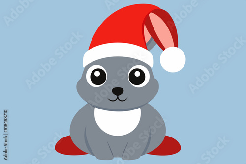 a clean and minimalist vector illustration of a cute rabbit wearing a classic Christmas cap